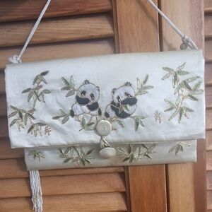 Vintage 1980s Chinese Silk Satin Panda Bamboo Design Embroidered Handbag